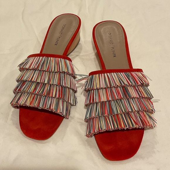 Donald Pliner red suede/multi-color raffia fringe slides size 9.5 - Picture 1 of 4